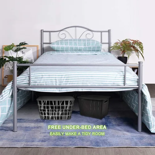 Vista 6 de Cabecero de cama de metal resistente para cama individual, estructura de acero, revestimiento de plata, estilo retro, sin necesidad