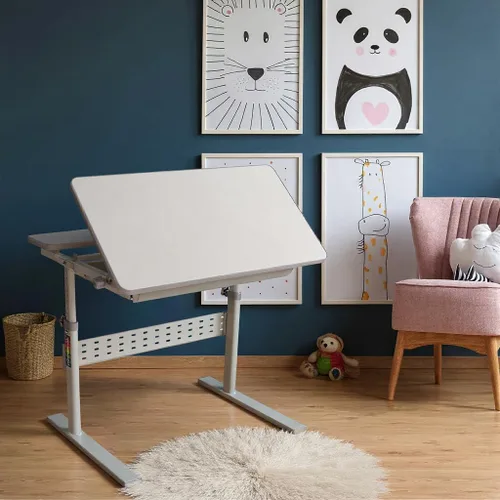 Vista 2 de Mount-It! Escritorio ajustable para niños con escritorio inclinable, mesa de estudio de altura ajustable con cajón de almacenamiento, escritorio