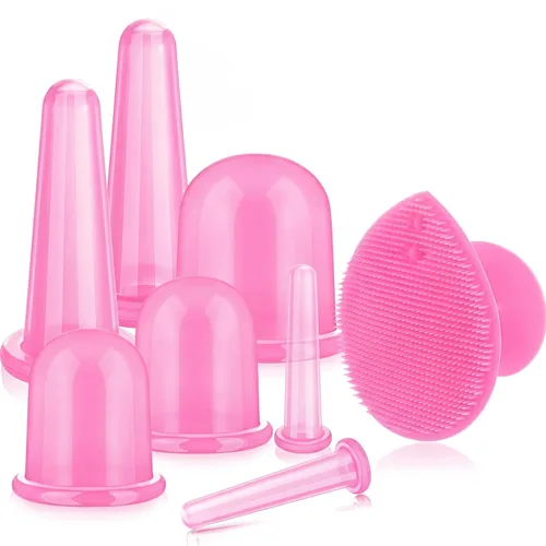 Vista 7 de BBTO Juego de ventosas faciales de silicona, kit de taza de masaje al vacío para cuerpo, cara, cuello, espalda y ojos, 6 tazas y cepillo exfoliante