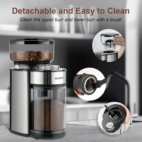 Vista 5 de Secura Molinillo de café eléctrico con 25 ajustes precisos de molienda, 2-12 tazas