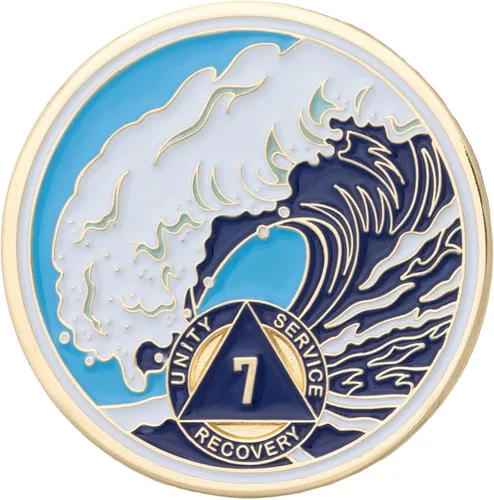 Vista 30 de Moneda AA de 1 año – Medallón de recuperación de ondas estrelladas de Sobriety Mint – azul/blanco/dorado