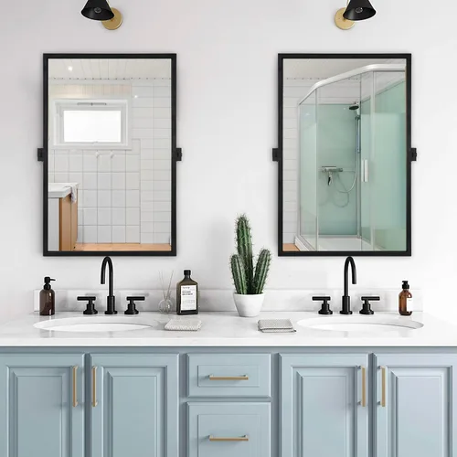 Vista 6 de Espejo rectangular de baño – 24 x 36 pulgadas, marco de metal negro, espejos de tocador biselados inclinables, moderno espejo pivote