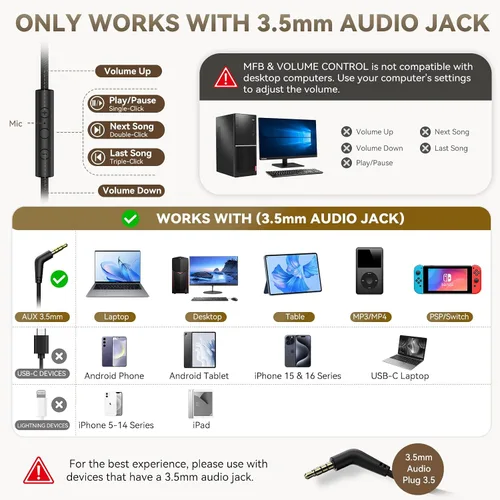 Vista 3 de Auriculares con cable con micrófono, auriculares con cable de 0.1 in para Negro