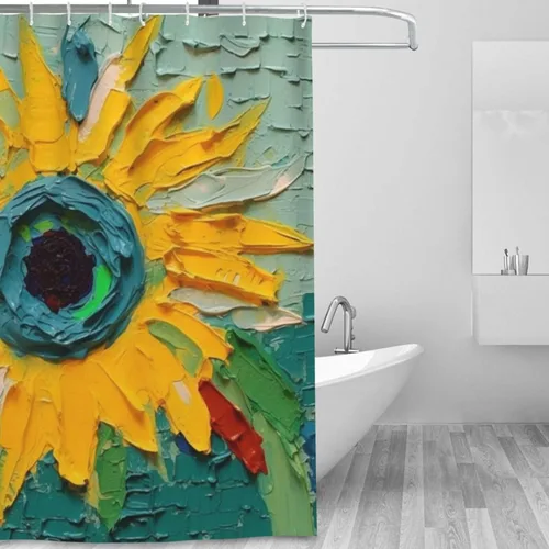 Vista 2 de YLATY2405 - Cortina de ducha de girasol para baño, pintura al óleo, hojas verdes, flores, bohemio, tela amarilla abstracta, moderna, impermeable