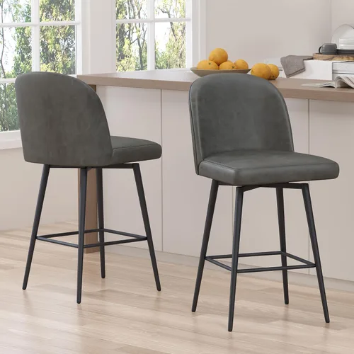 Vista 4 de Taburetes de bar giratorios de altura de mostrador, 26 pulgadas de altura del asiento, juego de 2, gris retro Modern Leather Upholstered Barstools