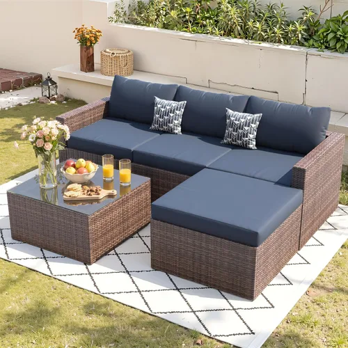 Vista 8 de UDPATIO Juego de muebles de patio de 5 piezas, sofá modular de mimbre para todo tipo de clima, sofá modular para exteriores en forma de L