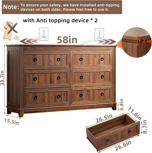 Vista 2 de Joaxswe Cómoda de 6 cajones para dormitorio, cómoda de madera de 54 Marrón