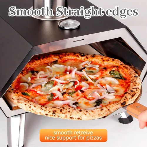 Vista 2 de Pala cuadrada de pizza de 12 pulgadas, espátula de pizza de acero inoxidable con mango largo ergonómico de madera para hornear al horno de pizza