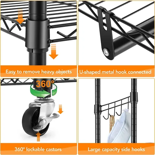 Vista 8 de Himimi Perchero resistente de 3 niveles con ruedas, estante de alambre ajustable con barra para colgar, 4 ganchos laterales, estante de Gris