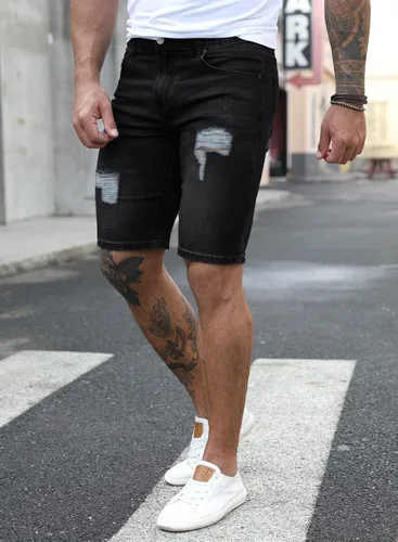 Vista 7 de JMIERR Pantalones cortos de mezclilla para hombre, estilo casual, elásticos, ajustados, lavados, desgastados, enrollados, rasgados, para hombre