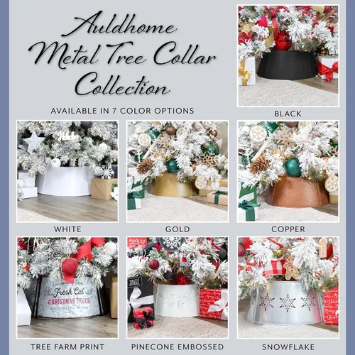 Vista 9 de AuldHome Design Collar de árbol estilo granja con copos de nieve (base de 29 pulgadas de diámetro, plateado), esmaltado vintage, adorno para árbol