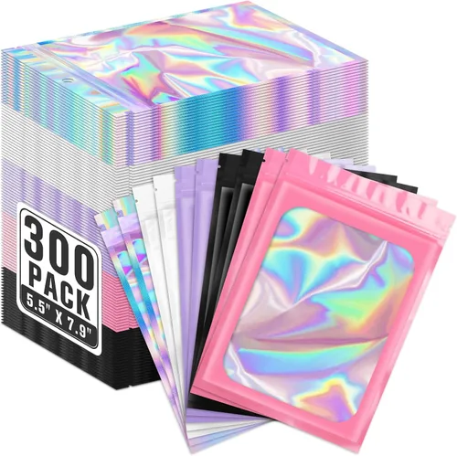 Vista 21 de ANZNKU Paquete de 300 bolsas multicolor para bolígrafos, bolsas holográficas de Mylar con ventana transparente, bolsas de embalaje a prueba