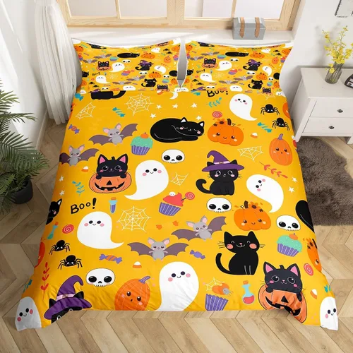 Vista 11 de Erosebridal Funda de edredón de calabaza con diseño de murciélagos para Halloween, juego de ropa de cama con sombrero de bruja, funda de edredón