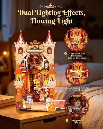 Vista 8 de Rolife Kits de rincón de libros para adultos, parque de atracciones de cuento de hadas, rompecabezas de madera 3D para decoración de estanterías