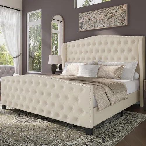 Vista 14 de BRELTAM Marco de cama tapizado tamaño Queen en terciopelo color beige con cabecera y pie de cama acolchados con botones profundos y soporte