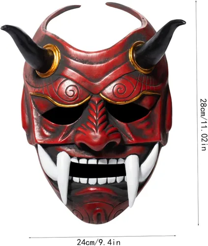 Vista 7 de Máscara de Halloween de miedo japonesa Hannya Oni, máscara de látex de cara completa Evil De-mon Mon-ster para hombres