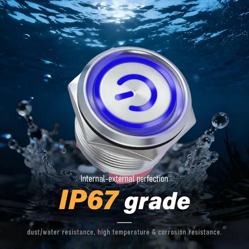 Vista 3 de Interruptor de botón pulsador de 15 amperios, interruptor de botón de bloqueo de 0.630 in (0.63 pulgadas) 12V-24V AC/DC IP67 impermeable LED Angel