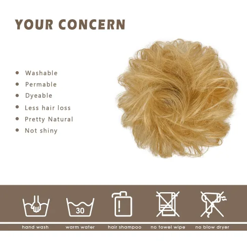 Vista 9 de BARSDAR Rubio dorado con reflejos, 2 piezas de cabello desordenado de moño + extensiones de moño de cabello humano real rubio
