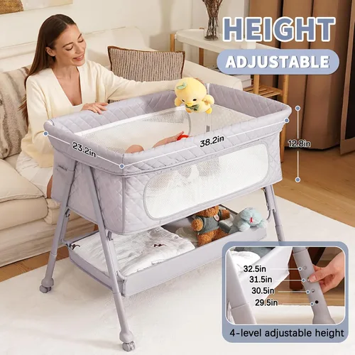 Vista 2 de Bassinet Bedside Sleeper, Adjustable Height Baby Bassinet with Wheels, Easy Assemble & Folding Crib with Comfy Mattress, Breathable Mesh Bedside Gris