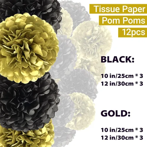 Vista 2 de Capesaro Pompones de Papel Dorado y Negro - 10", 12" Decoraciones de Papel Tisú para Decoración Colgante de Fiestas - Juego de 12 Piezas