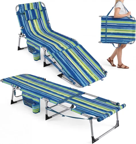 Vista 19 de Giantex Silla bronceadora, silla de playa de 330 libras con 5 posiciones ajustables, agujero para cara y brazo, correa para manos/hombros, almohada