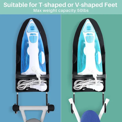 Vista 5 de Soporte de pared para tabla de planchar, colgador de hierro con estante para tabla de planchar, resistente al calor, soporte de pared para máximo 5
