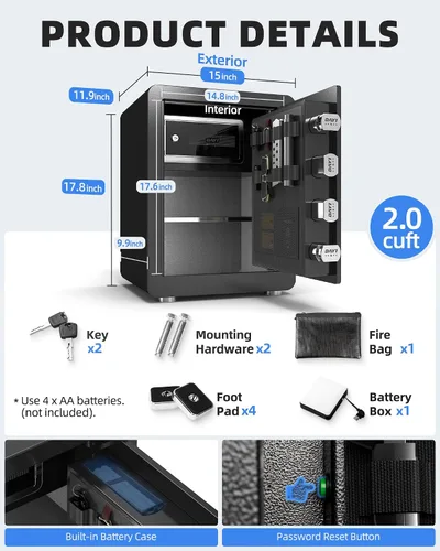Vista 8 de Caja de seguridad biométrica de huellas digitales DAYI, cajas de seguridad para el hogar de 2.0 pies cúbicos con bolsa ignífuga, caja de seguridad