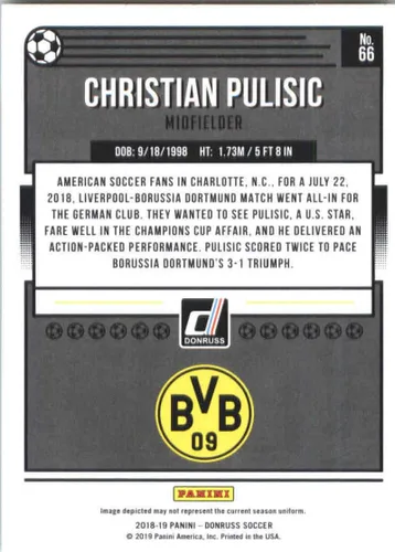 Vista 2 de 2018-19 Panini Donruss #66 Christian Pulisic Borussia Dortmund Tarjeta Oficial de Fútbol/Soccer en Condición Raw (NM o Mejor)