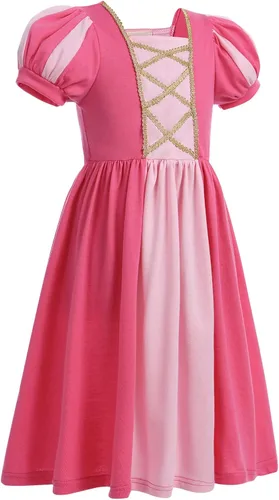 Vista 3 de IBTOM CASTLE Kids Girls Princess Puff Sleeve Dresses + Crown Movie Character Costume Halloween Cosplay Fancy Dress Up Gown