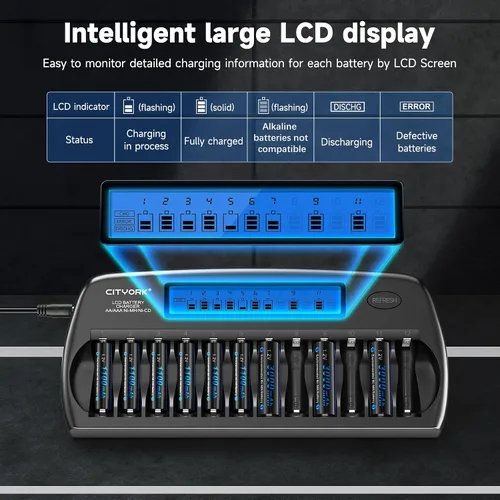 Vista 2 de CITYORK - Baterías AA recargables con cargador, paquete de 12 baterías de 3000 mAh doble A Ni-MH de baja autodescarga con cargador LCD de 12 bahías