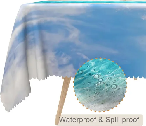 Vista 2 de Mantel oblongo, diseño de playa de 52 x 70 pulgadas, diseño de playa con estrellas de mar y olas de mar, con decoración impermeable y resistente a