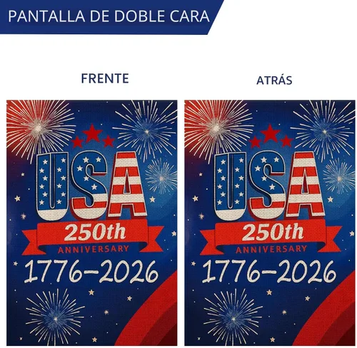 Vista 4 de Bandera de jardín de 250 años de Estados Unidos, pancarta de 250 aniversario con diseño de fuegos artificiales, letrero patriótico del 4 de julio