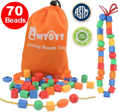 Vista 4 de BMTOYS Cuentas de cordones para niños, 70 cuentas de roscado, juguetes de terapia ocupacional para niños, habilidades motoras finas, actividades