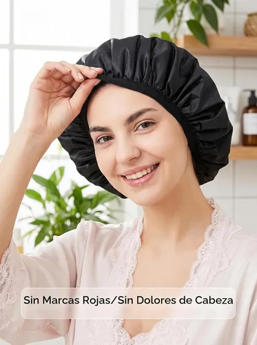 Vista 5 de Aquior Gorro de ducha con forro de rizo para mujer, reutilizable, triple capa impermeable, extra grande para mujeres de pelo largo (negro)