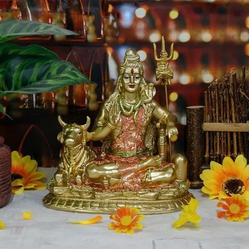 Vista 2 de Estatua de vaca hindú Dios Señor Shiva y Nandi - Escultura de ídolo de resina India Murti Shiva con Tridente Indio Casa Oficina Mandir Diwali Pooja