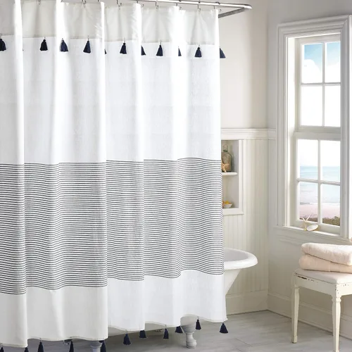 Vista 10 de Panama Stripe Cortina de ducha 100% tela de algodón para baño, de 72 x 72 pulgadas /182.88 x 182.88 cm. Borla estilo bohemio de granja, tela