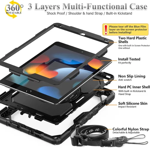 Vista 5 de SEYMAC stock Funda para iPad de 9ª/8ª/7ª generación de 10.2", a prueba de golpes con protector de pantalla, soporte para lápiz