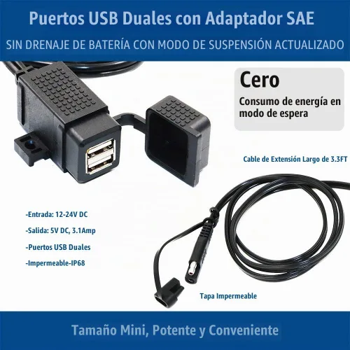 Vista 2 de MOTOPOWER MP0609C - Kit de cargador doble USB impermeable para motocicleta de 3,1 A, adaptador SAE a USB, cable para teléfono, tableta