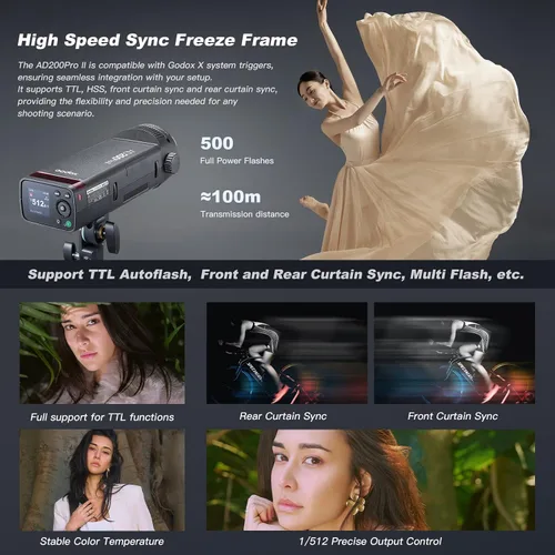 Vista 4 de GODOX AD200 PRO II Flash (2025) AD200 PRO Strobe, Actualizado 200Ws 2.4G 1/512 a Potencia Completa (1/1) Ajuste de Potencia en Diez Pasos, Modo