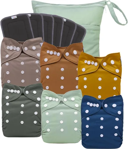 Vista 13 de babygoal AWJ Pañales de tela con panel abdominal, paquete de 13, 6 fundas de pañal con 6 insertos y bolsa seca para humedad, ajustables, lavables
