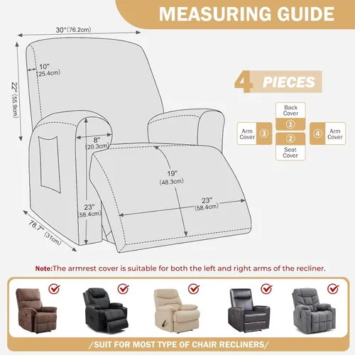 Vista 3 de vctops Funda repelente al agua para silla reclinable de 4 piezas con bolsillo lateral, diseño de hojas de jacquard, elástica, suave, protector