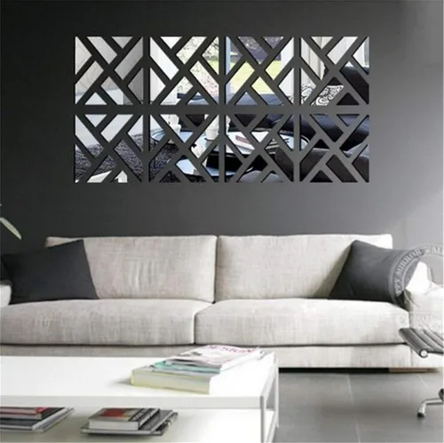 Vista 12 de Adhesivos de pared con espejo 3D, 4 piezas de acrílico cuadrado patrón geométrico adhesivo para bricolaje, espejo autoadhesivo de plástico, azulejos