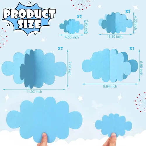 Vista 2 de 16 piezas de decoración de nube en 3D, nubes colgantes azules y gotas de lluvia para decoración de techo colgante para fiestas, guardería