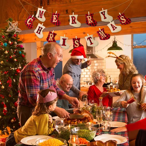 Vista 5 de Cartel de arpillera de Feliz Navidad, decoración navideña en forma de calcetín, decoración colgante para interiores y exteriores, decoraciones