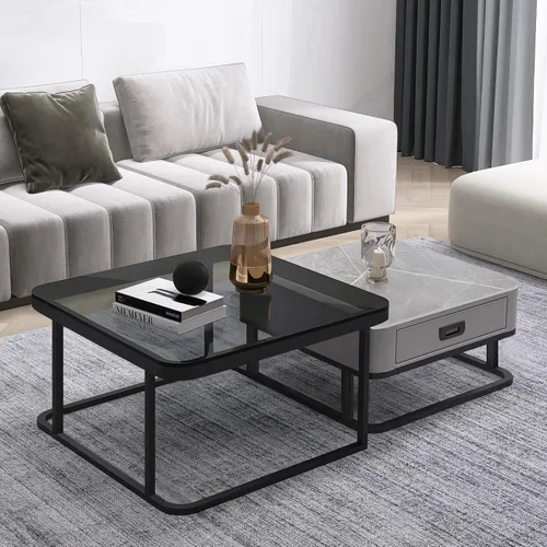 Vista 9 de Juego de 2 mesas auxiliares redondas para sala de estar, mesa central elegante con mesa de grano de madera, mesas auxiliares pequeñas