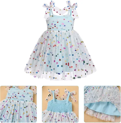 Vista 6 de ODASDO Vestido de fiesta de cumpleaños para niñas pequeñas, con lazo, tirantes delgados, tutú de tul, vestido de princesa, concurso de fiesta