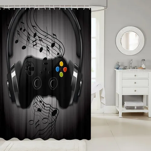 Vista 29 de Cortina de ducha de baño de mármol, cortina de ducha de tela gris y blanca con ganchos, arte único estampado de teñido anudado 3D, accesorios