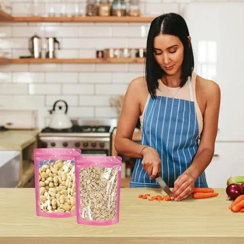 Vista 7 de 100 bolsas de Mylar a prueba de olores, bolsa de embalaje resellable con ventana transparente para almacenamiento de alimentos, bolsas de pie