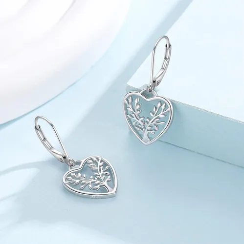 Vista 3 de Aretes colgantes con forma de corazón, plata de ley 925, aretes colgantes con forma de árbol de la vida, hipoalergénicos con corazón para orejas
