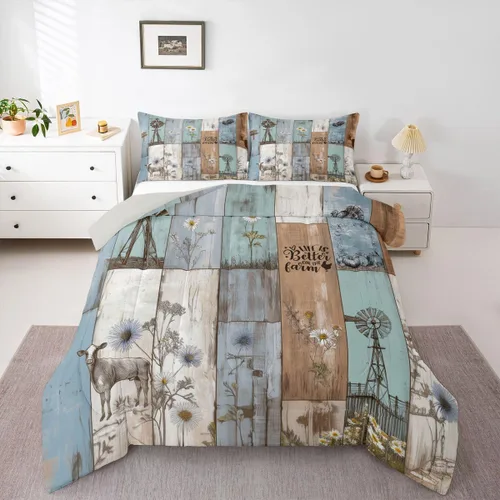 Vista 24 de Erosebridal Juego de edredón rústico de colibrí, juego de ropa de cama de molino de viento rústico para niños, adolescentes y adultos, relleno